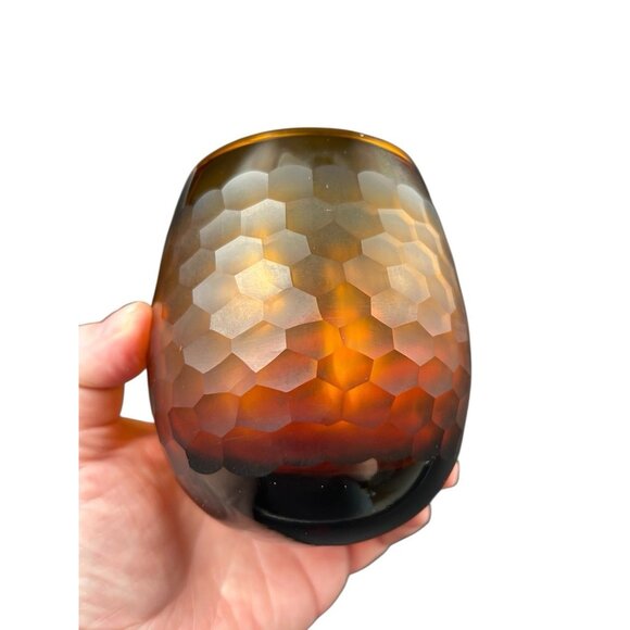 Pair Vintage Roly Poly Faceted Amber Gold Honeycomb Stemless Rocks Glasses - Picture 5 of 9